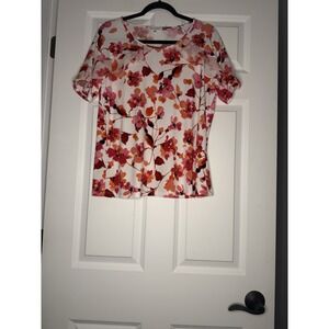 Calvin Klein Liquid Knit Silky Flutter Sleeve Floral Top large   Multi